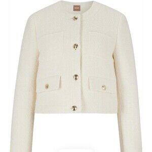 BOSS Janoa Bloucle’ Collarless Jacket In Soft Cream Sz 10 New